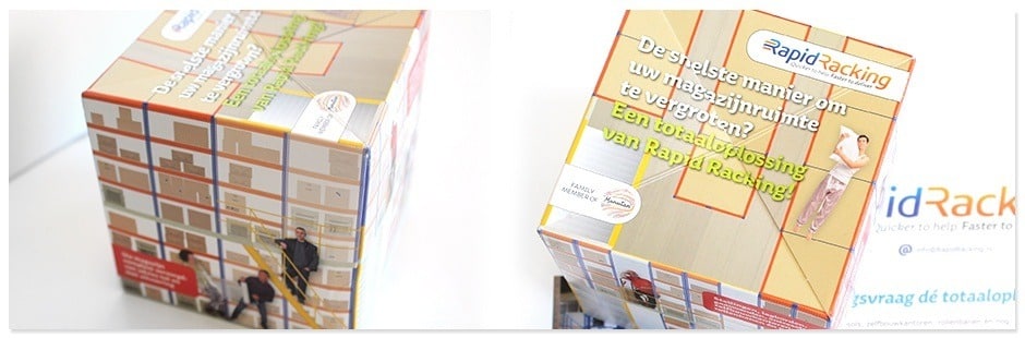 The promotional Out of the Box can be printed in full colour on six surfaces