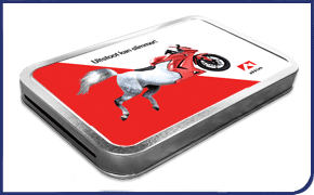 Full colour printed sticker message in a tin